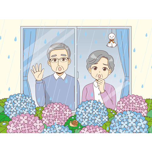 雨が止むのを待つ高齢者夫婦（高齢者（おばあさん・おじいさん）/介護現場の人物）のイラスト