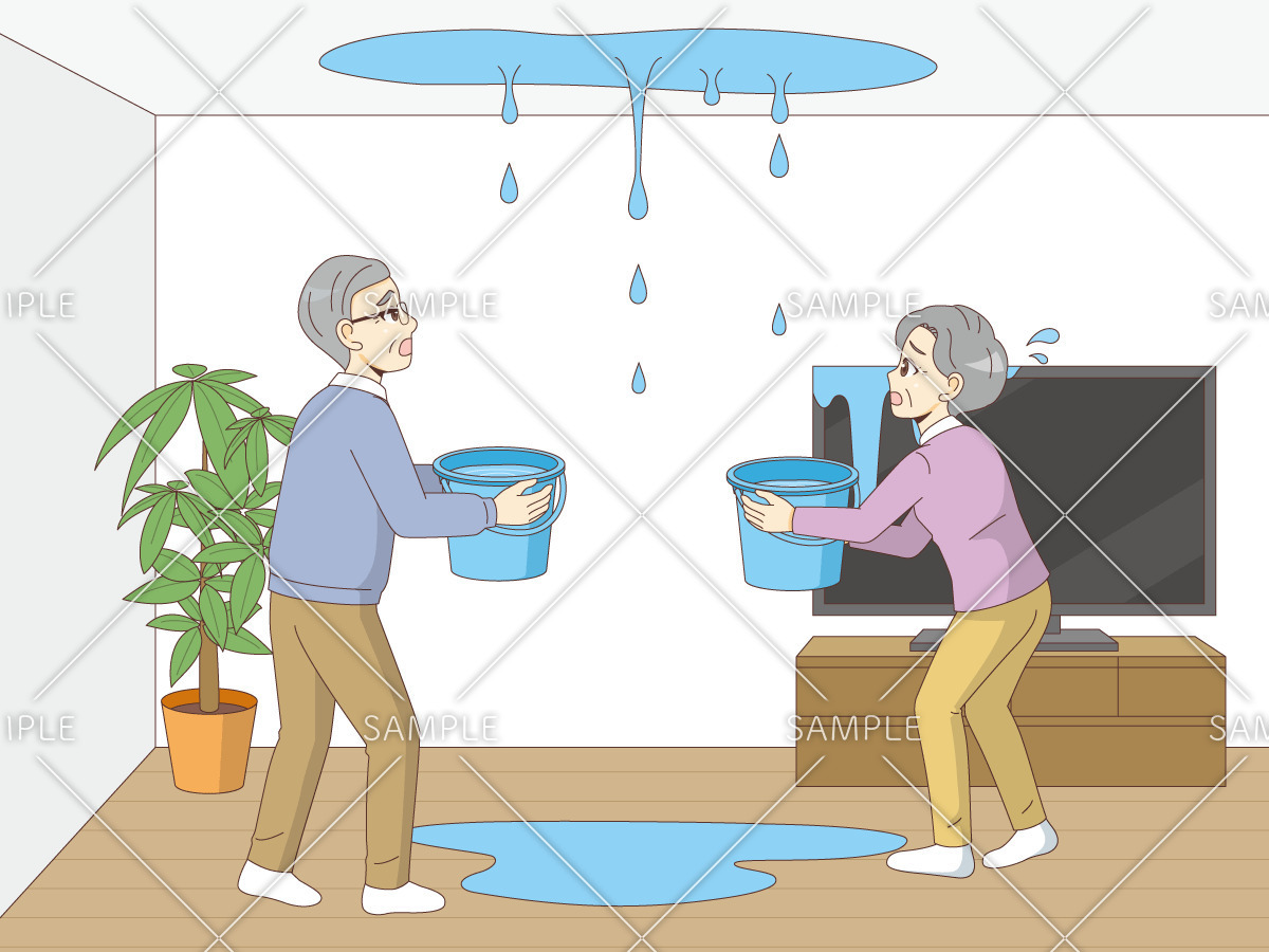 雨漏りに困っている高齢者夫婦（高齢者（おばあさん・おじいさん）/介護現場の人物）のイラスト