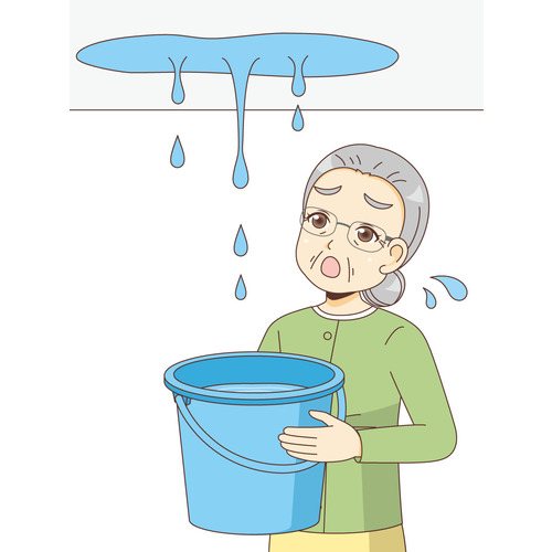 雨漏りに困っている女性高齢者（高齢者（おばあさん・おじいさん）/介護現場の人物）のイラスト