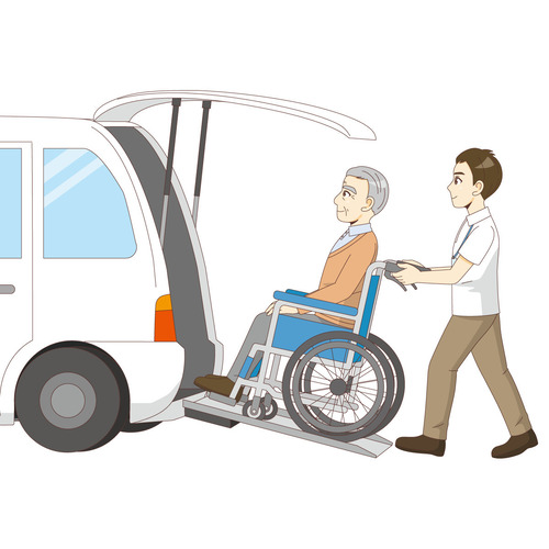 介護タクシーに乗車する男性高齢者（バリアフリー/福祉用具）のイラスト