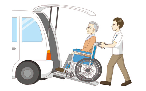 介護タクシーに乗車する男性高齢者（バリアフリー/福祉用具）