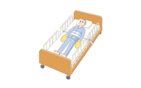 身体拘束状態の高齢者男性（高齢者（おばあさん・おじいさん）/介護現場の人物）