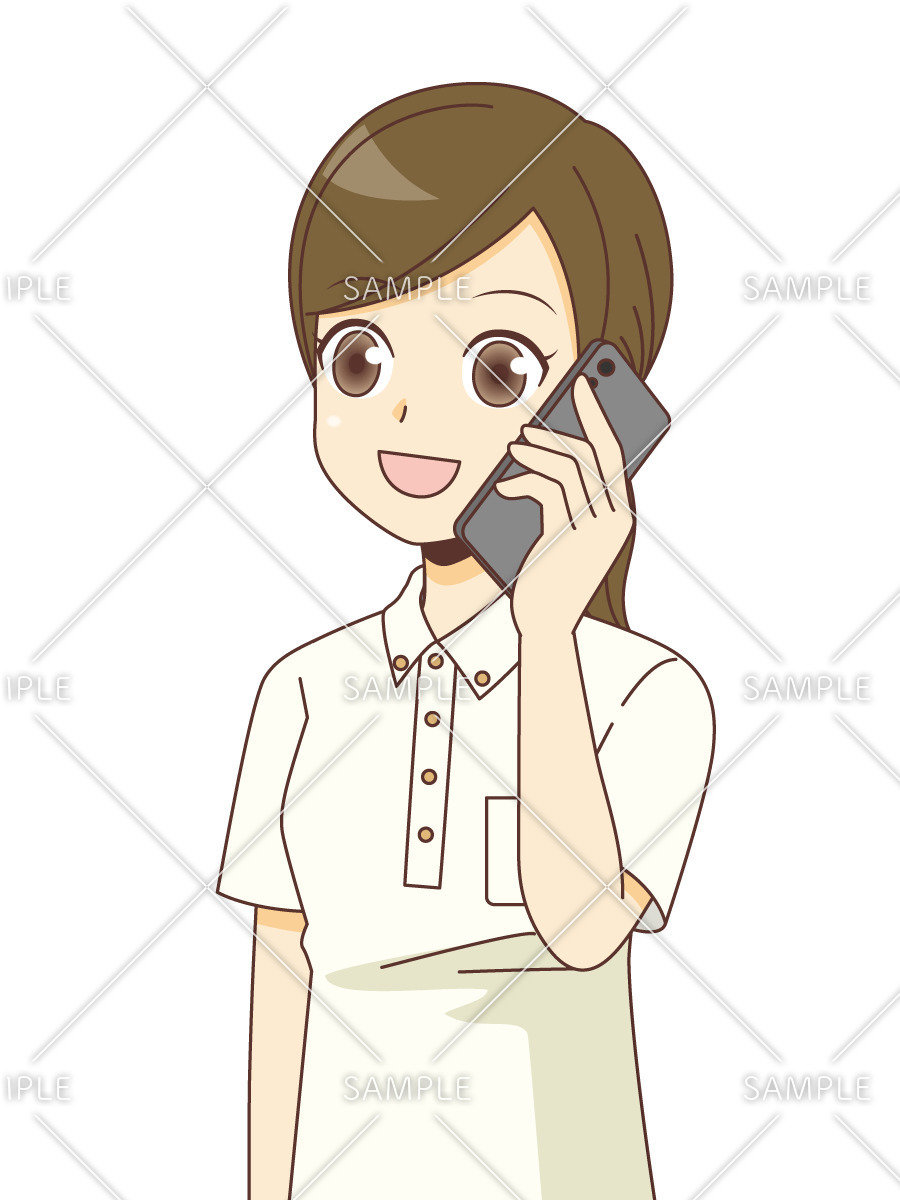 電話をかける女性介護職（介護士・ヘルパー/介護現場の人物）のイラスト