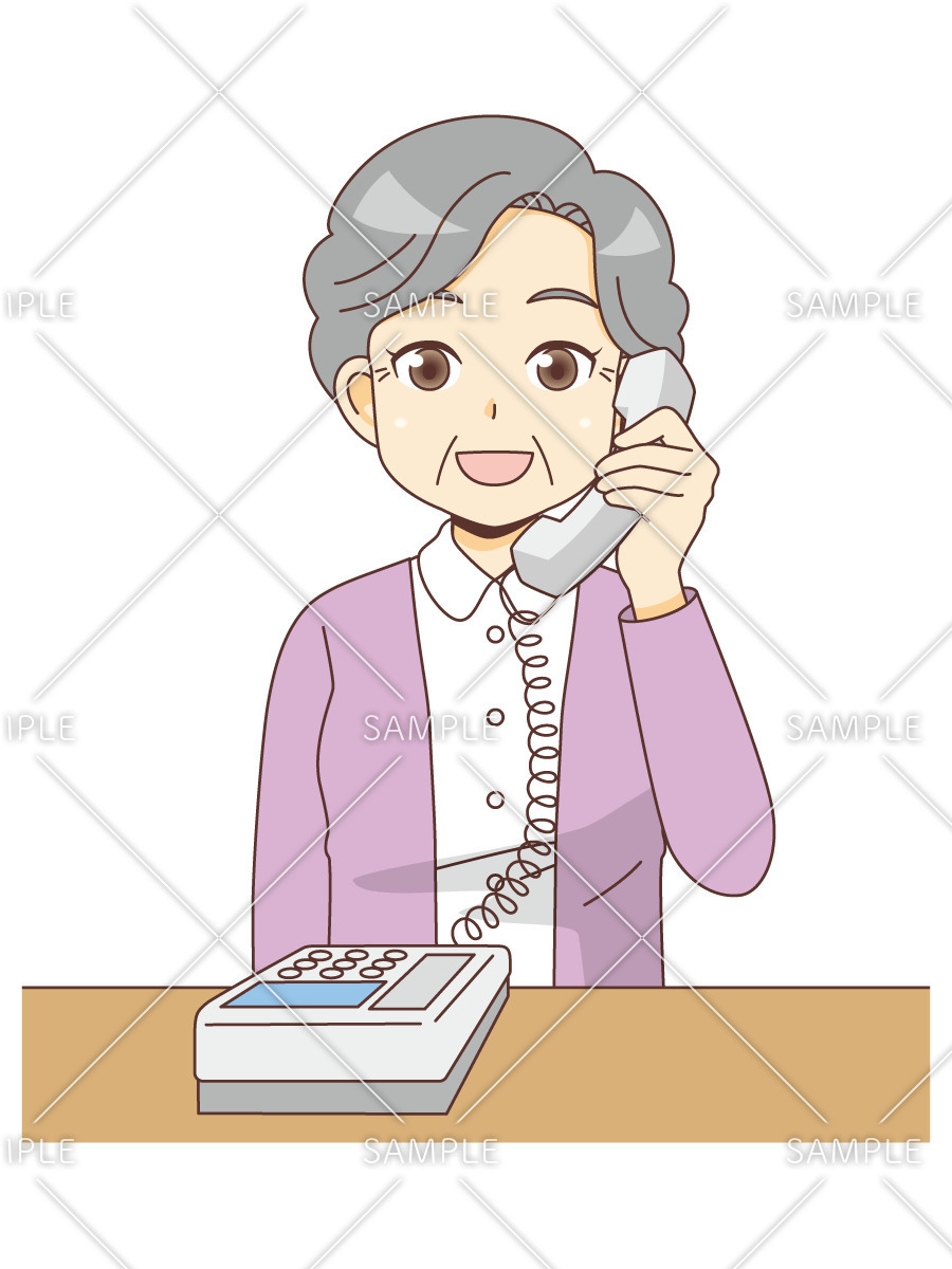 電話をかける女性高齢者（高齢者（おばあさん・おじいさん）/介護現場の人物）のイラスト