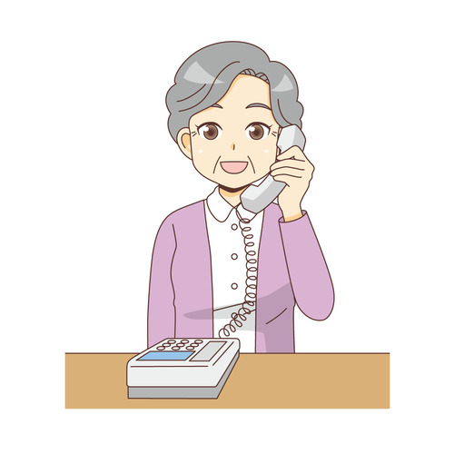 電話をかける女性高齢者（高齢者（おばあさん・おじいさん）/介護現場の人物）のイラスト