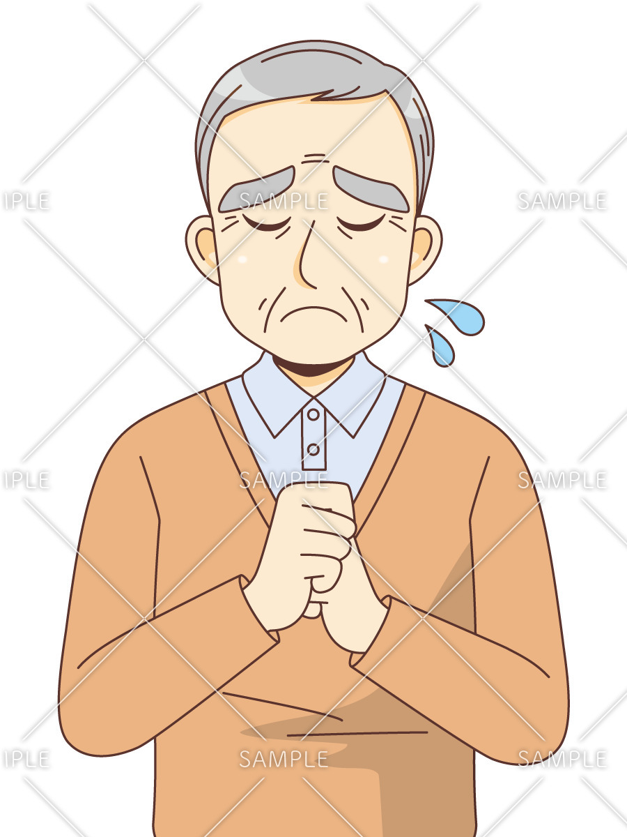 悲しんでいる男性高齢者（高齢者（おじいさん・おばあさん）/介護現場の人物）のイラスト