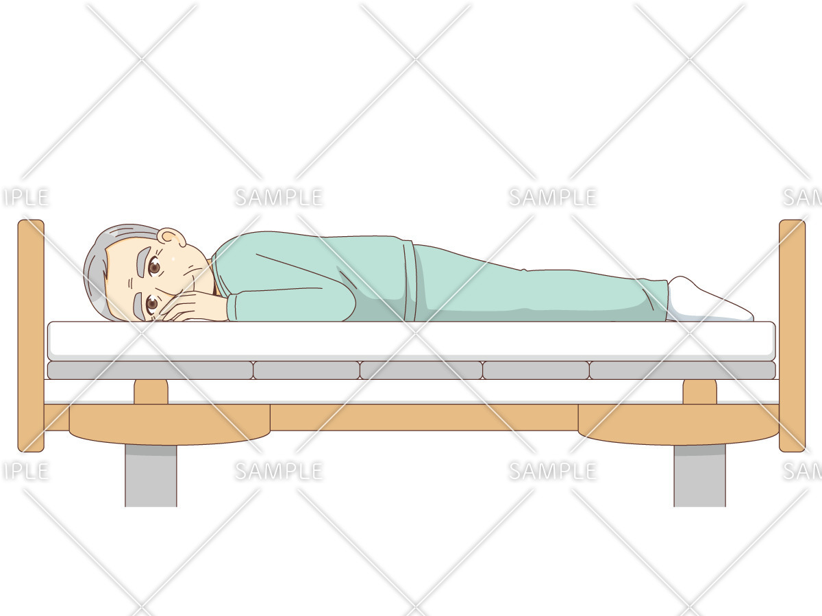 腹臥位・伏臥位（横から見た状態）（高齢者（おじいさん・おばあさん）/介護現場の人物）のイラスト
