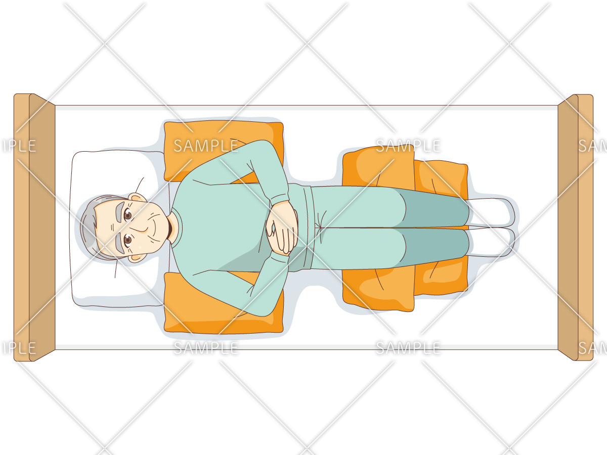 仰臥位（クッションあり・上から見た状態）（高齢者（おじいさん・おばあさん）/介護現場の人物）のイラスト