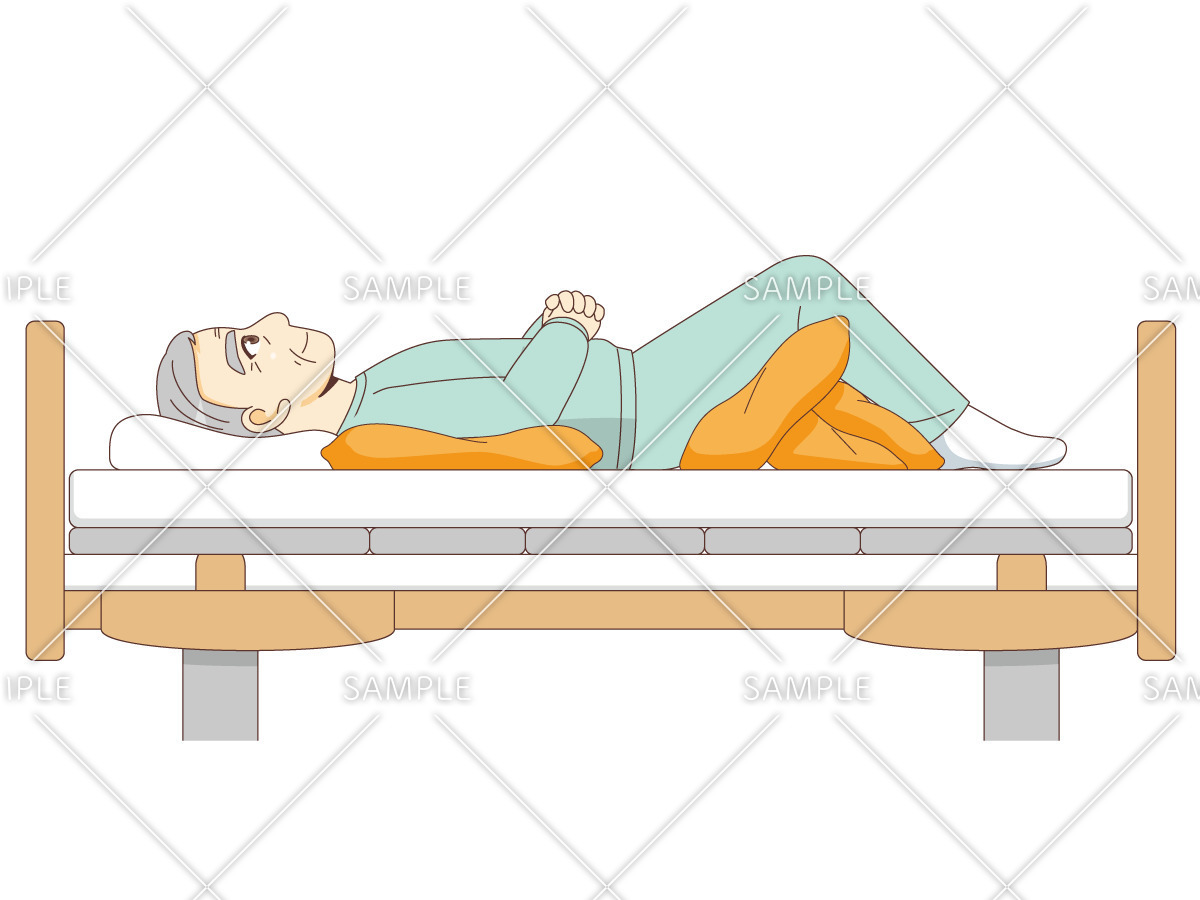 仰臥位（クッションあり・横から見た状態）（高齢者（おじいさん・おばあさん）/介護現場の人物）のイラスト
