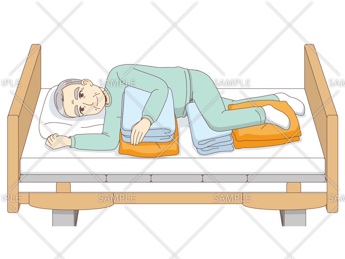 側臥位（クッションあり）（高齢者（おじいさん・おばあさん）/介護現場の人物）のイラスト