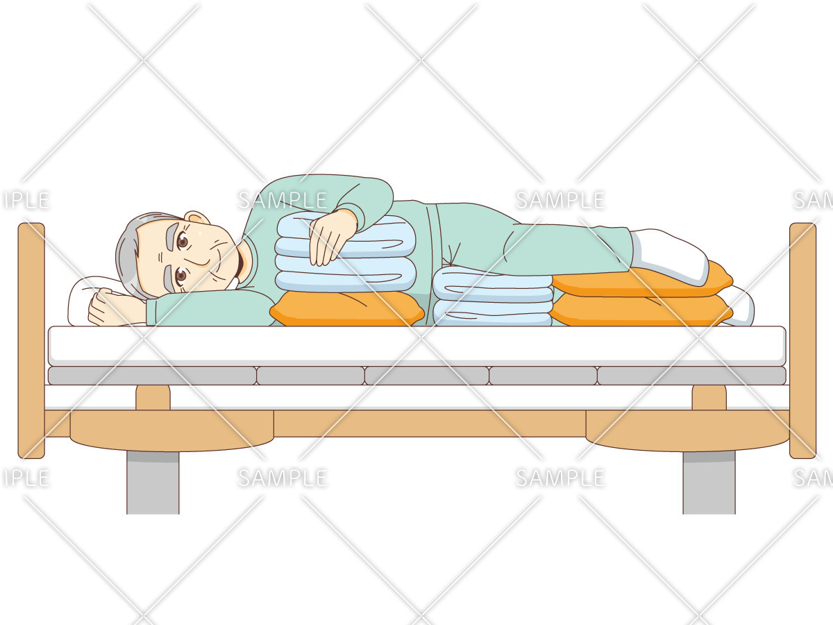 側臥位（クッションあり・横から見た状態）（高齢者（おじいさん・おばあさん）/介護現場の人物）のイラスト