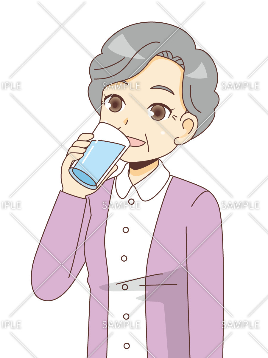 水を飲む女性高齢者（高齢者（おばあさん・おじいさん）/介護現場の人物）のイラスト