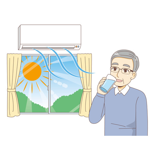 熱中症対策をする男性高齢者（高齢者（おばあさん・おじいさん）/介護現場の人物）のイラスト
