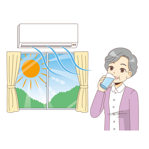 熱中症対策をする女性高齢者（高齢者（おばあさん・おじいさん）/介護現場の人物）のイラスト