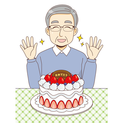 ケーキを前に微笑む男性高齢者（高齢者（おばあさん・おじいさん）/介護現場の人物）のイラスト