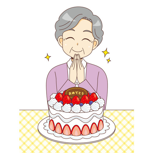 ケーキを前に微笑む女性高齢者（高齢者（おばあさん・おじいさん）/介護現場の人物）のイラスト