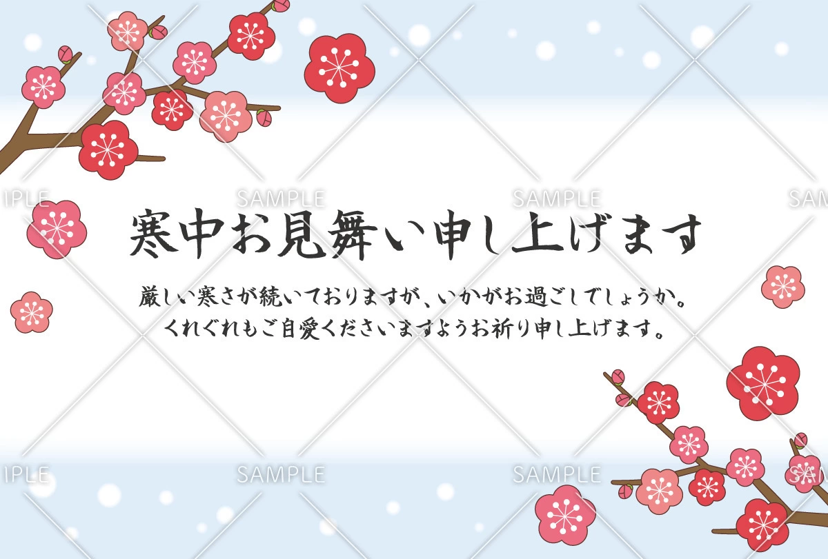 寒中見舞いのテンプレート「梅と雪」（お手紙・年賀状/フレーム・テンプレート）のイラスト