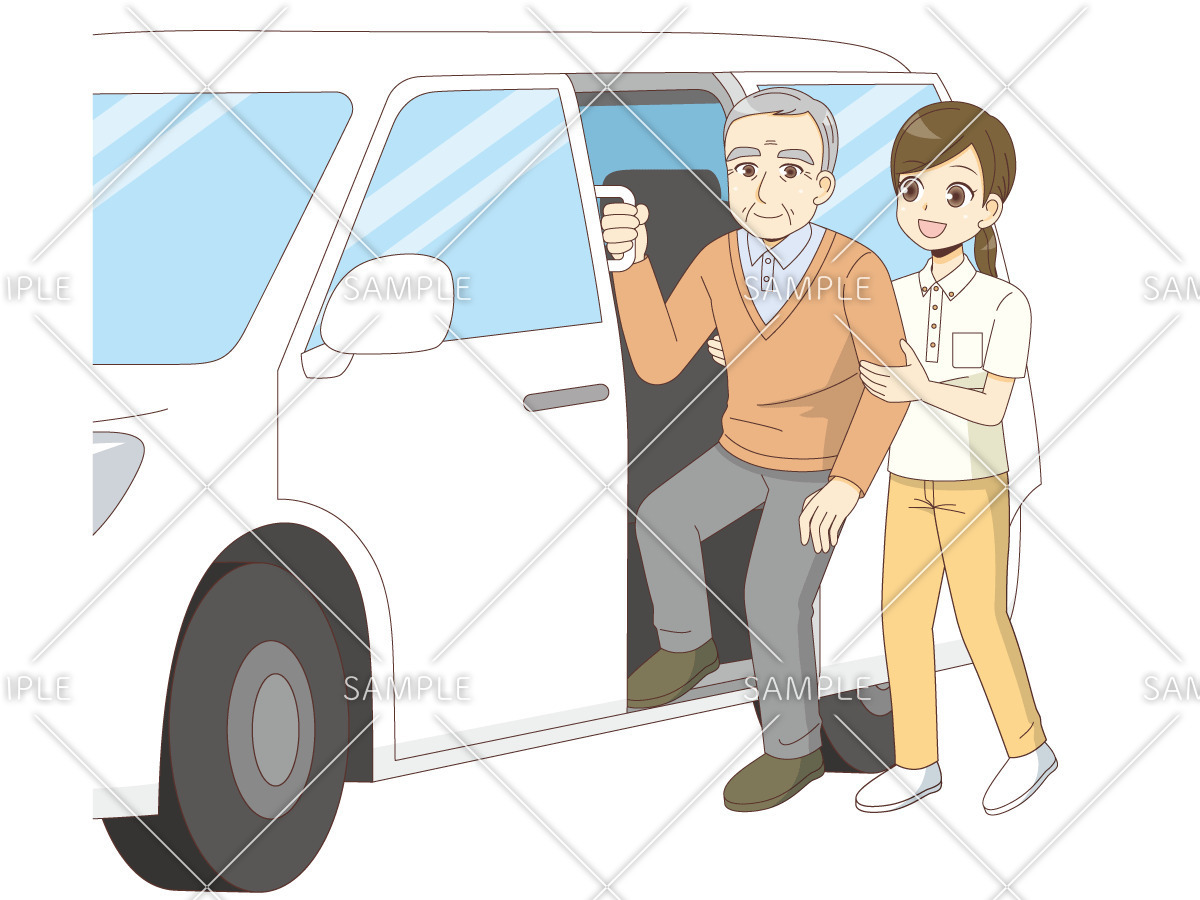 福祉車両からおりる男性高齢者（デイサービス・デイケア/施設・サービス）のイラスト