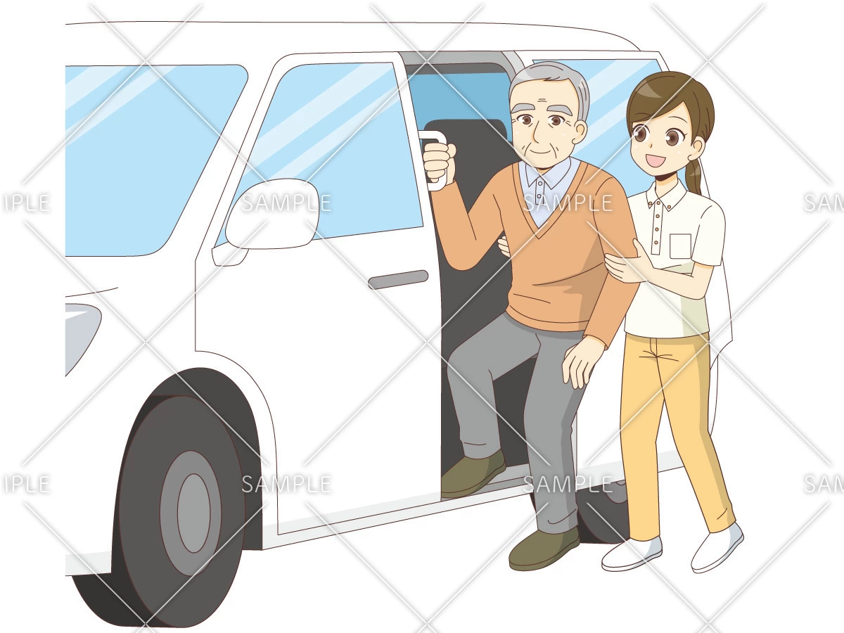 福祉車両からおりる男性高齢者（デイサービス・デイケア/施設・サービス）のイラスト