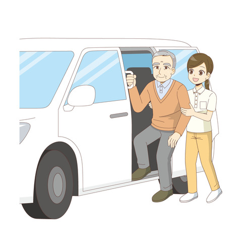 福祉車両からおりる男性高齢者（デイサービス・デイケア/施設・サービス）のイラスト