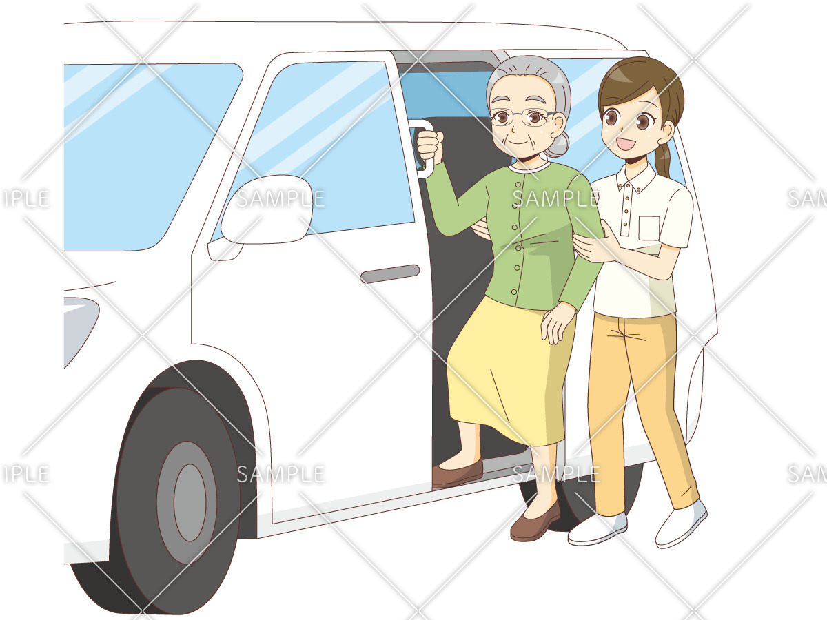 福祉車両からおりる女性高齢者（デイサービス・デイケア/施設・サービス）のイラスト