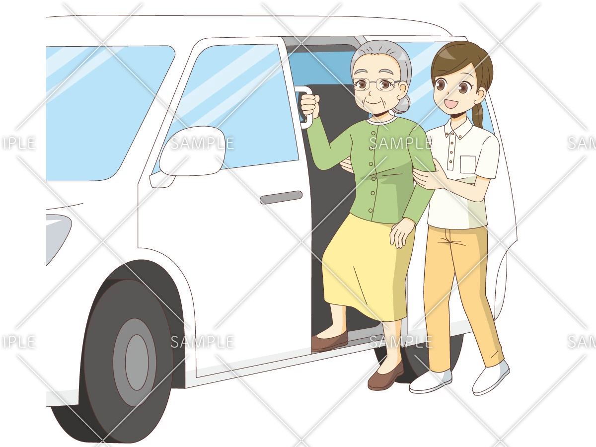 福祉車両からおりる女性高齢者（デイサービス・デイケア/施設・サービス）のイラスト
