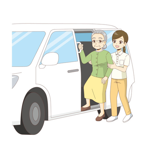 福祉車両からおりる女性高齢者（デイサービス・デイケア/施設・サービス）のイラスト