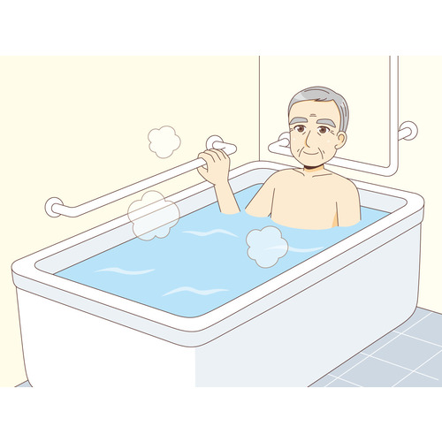 手すりを持ちながら入浴する男性高齢者（杖・歩行器・手すり/福祉用具）のイラスト