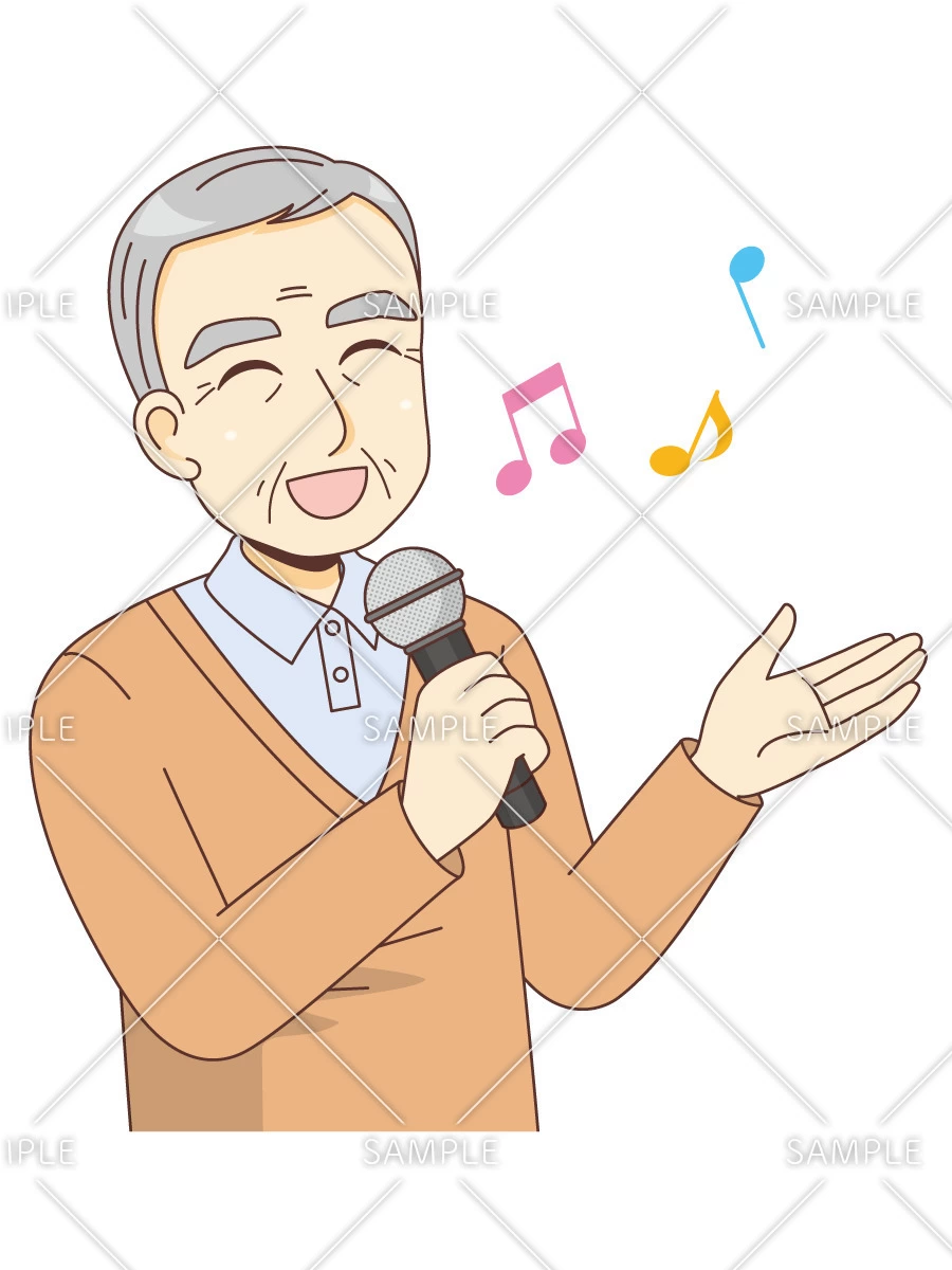 マイクを持って歌う男性高齢者（レクリエーション・イベント/介護・生活）のイラスト