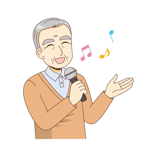マイクを持って歌う男性高齢者（レクリエーション・イベント/介護・生活）のイラスト