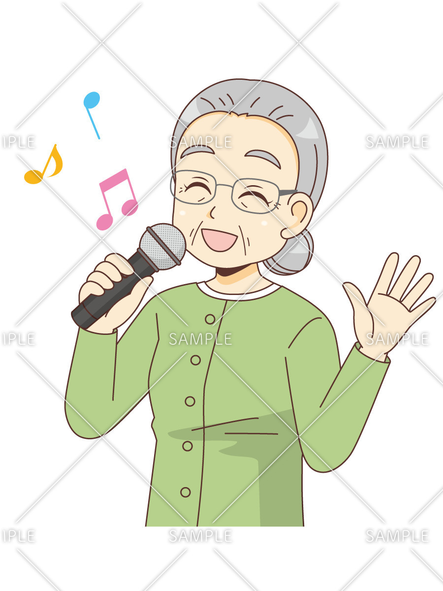 マイクを持って歌う女性高齢者（レクリエーション・イベント/介護・生活）のイラスト