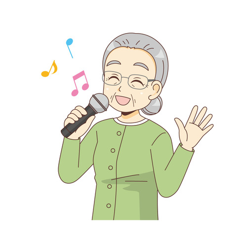 マイクを持って歌う女性高齢者（レクリエーション・イベント/介護・生活）のイラスト