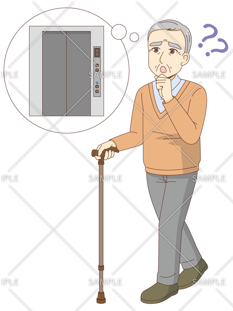 エレベーターの場所がわからない男性高齢者（認知症・物忘れ/医療・病気）のイラスト