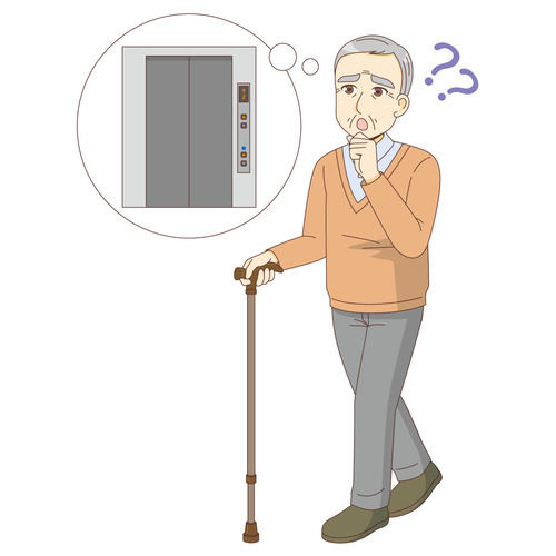 エレベーターの場所がわからない男性高齢者（認知症・物忘れ/医療・病気）のイラスト