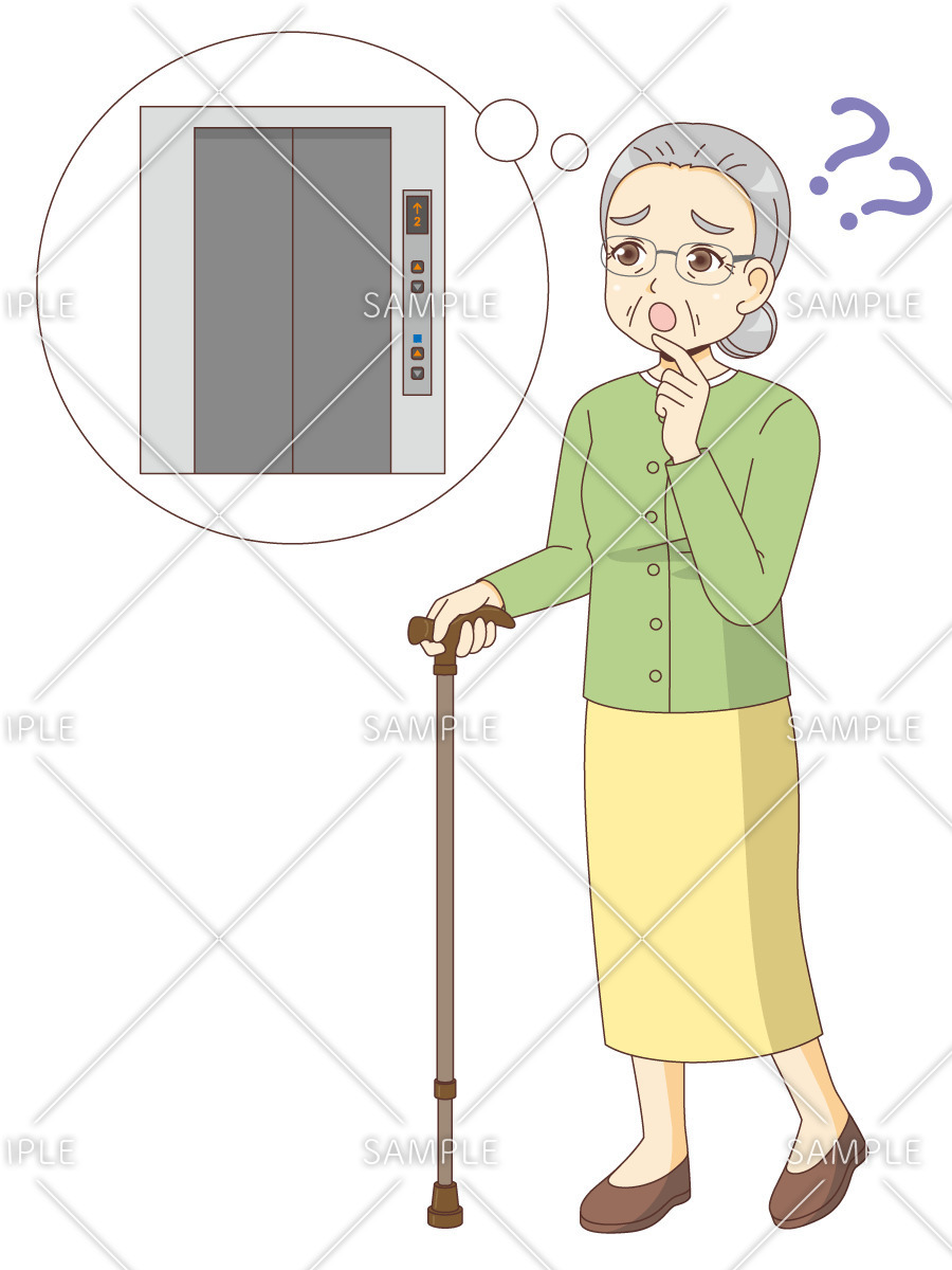 エレベーターの場所がわからない女性高齢者（認知症・物忘れ/医療・病気）のイラスト