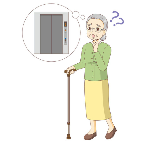 エレベーターの場所がわからない女性高齢者（認知症・物忘れ/医療・病気）のイラスト