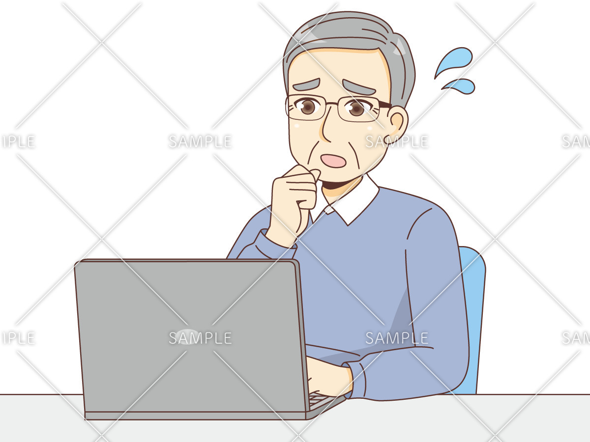 パソコン操作がわからず困っている男性高齢者（おじいさん）/介護現場の人物）のイラスト