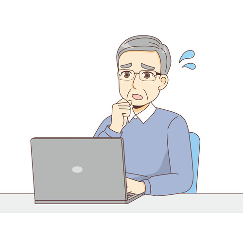 パソコン操作がわからず困っている男性高齢者（おじいさん）/介護現場の人物）のイラスト