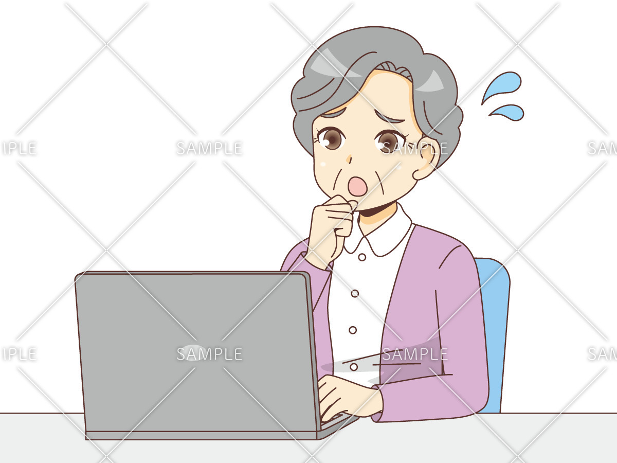 パソコン操作がわからず困っている女性高齢者（高齢者（おばあさん）/介護現場の人物）のイラスト