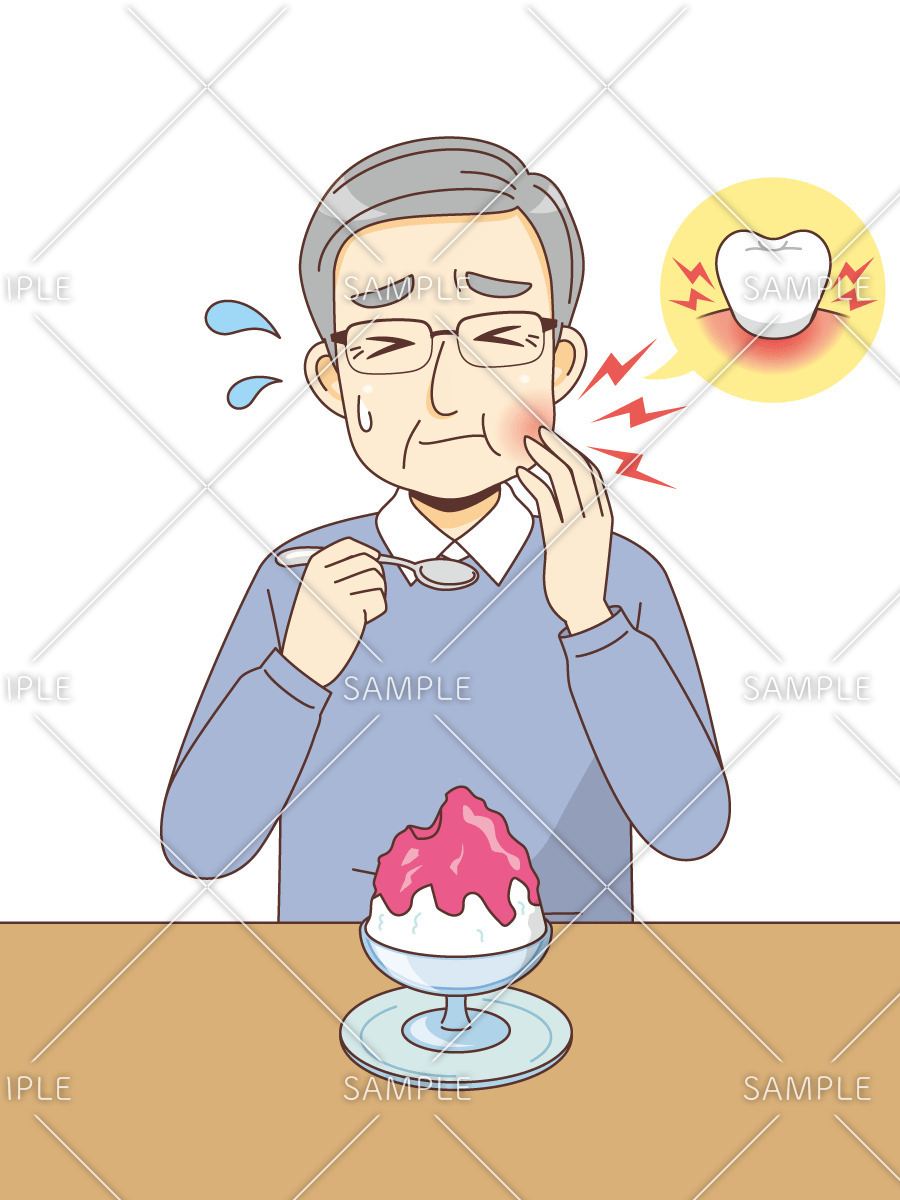 かき氷を食べて歯が痛む男性高齢者（おじいさん）/介護現場の人物）のイラスト