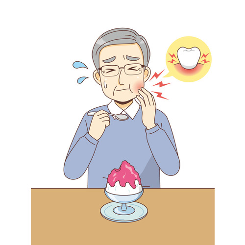 かき氷を食べて歯が痛む男性高齢者（おじいさん）/介護現場の人物）のイラスト