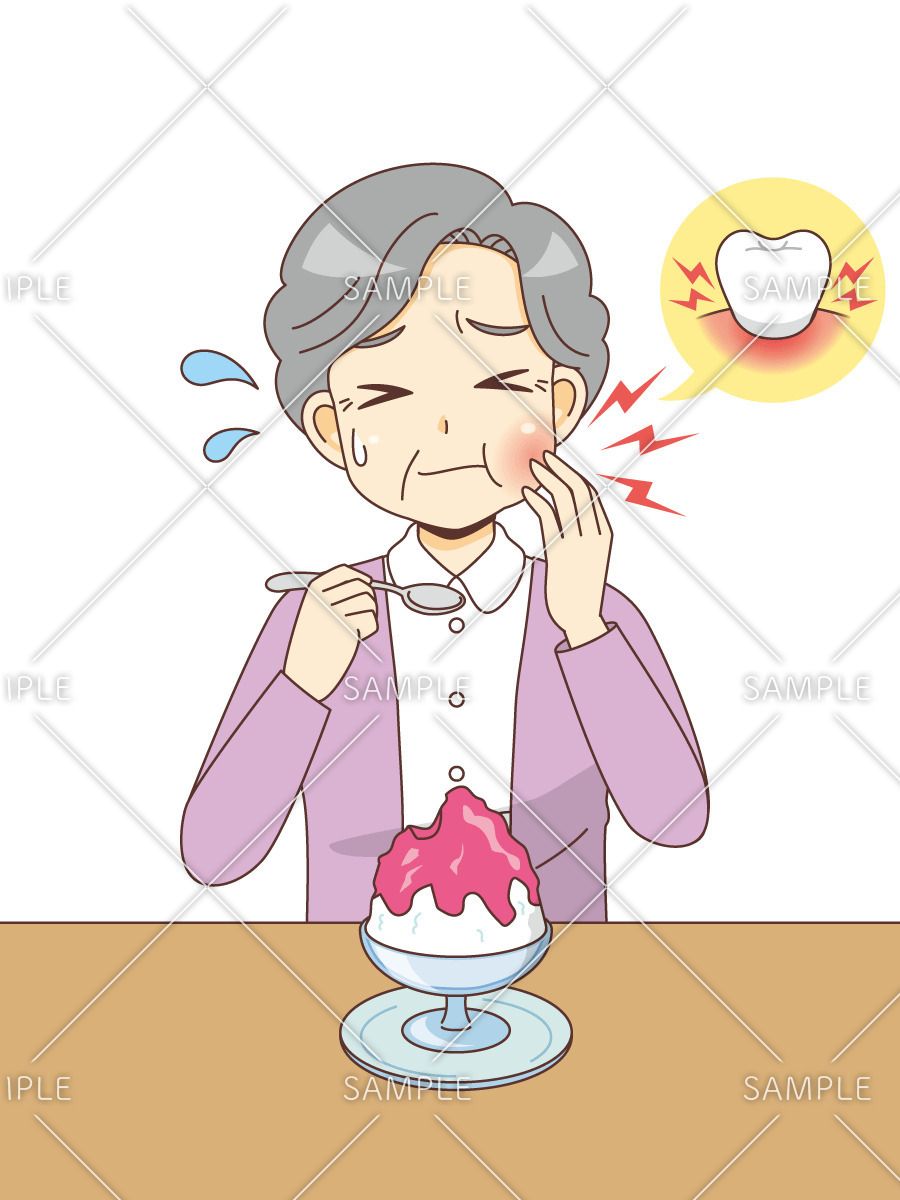 かき氷を食べて歯が痛む女性高齢者（おばあさん）/介護現場の人物）のイラスト