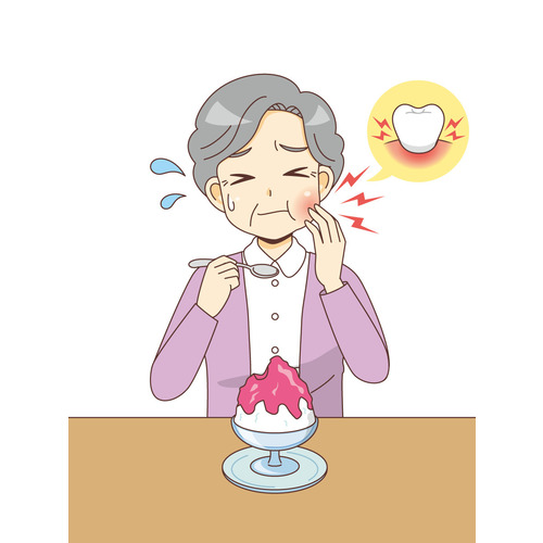かき氷を食べて歯が痛む女性高齢者（おばあさん）/介護現場の人物）のイラスト