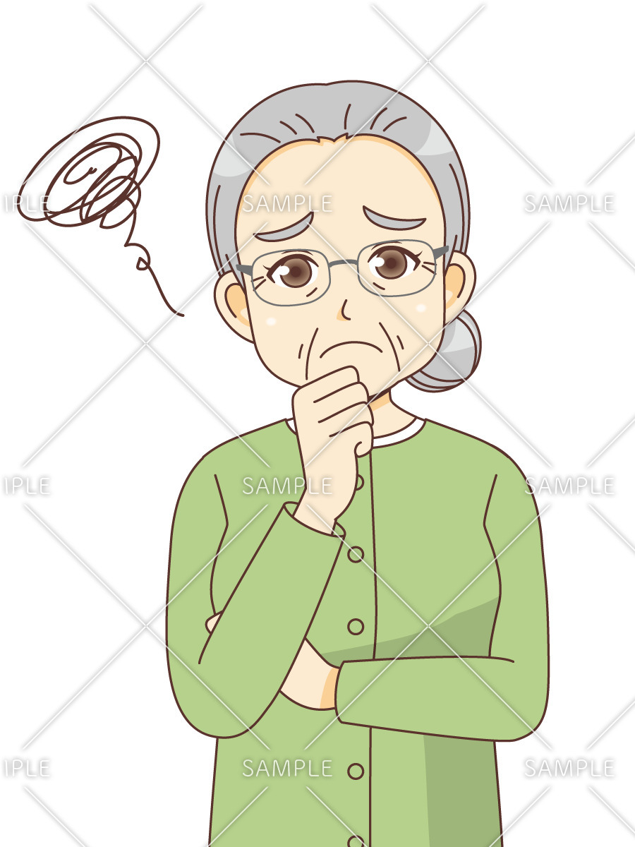 困っている女性高齢者（高齢者（おじいさん・おばあさん）/介護現場の人物）のイラスト