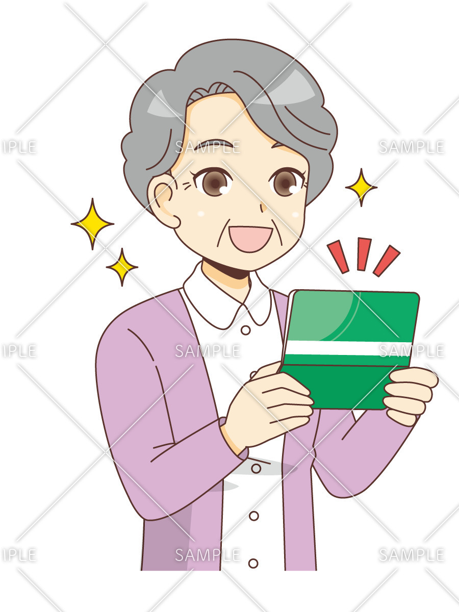 通帳の残高を見て喜ぶ女性高齢者（高齢者（おばあさん・おじいさん）/介護現場の人物）のイラスト