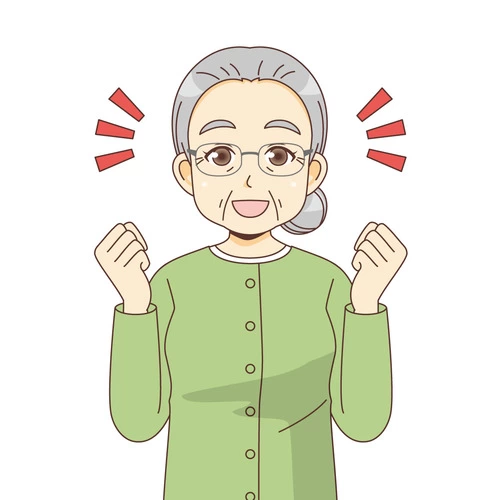 ガッツポーズする女性高齢者（高齢者（おじいさん・おばあさん）/介護現場の人物）のイラスト