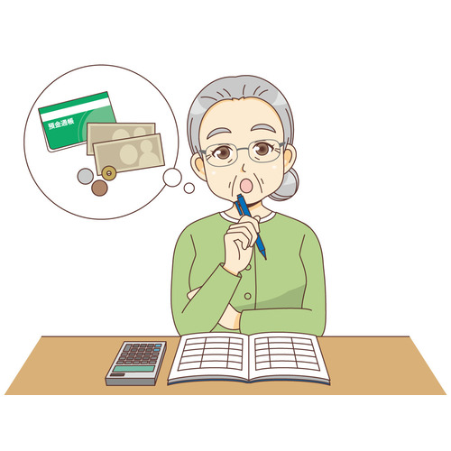 お金について考える女性高齢者（高齢者（おばあさん・おじいさん）/介護現場の人物）のイラスト