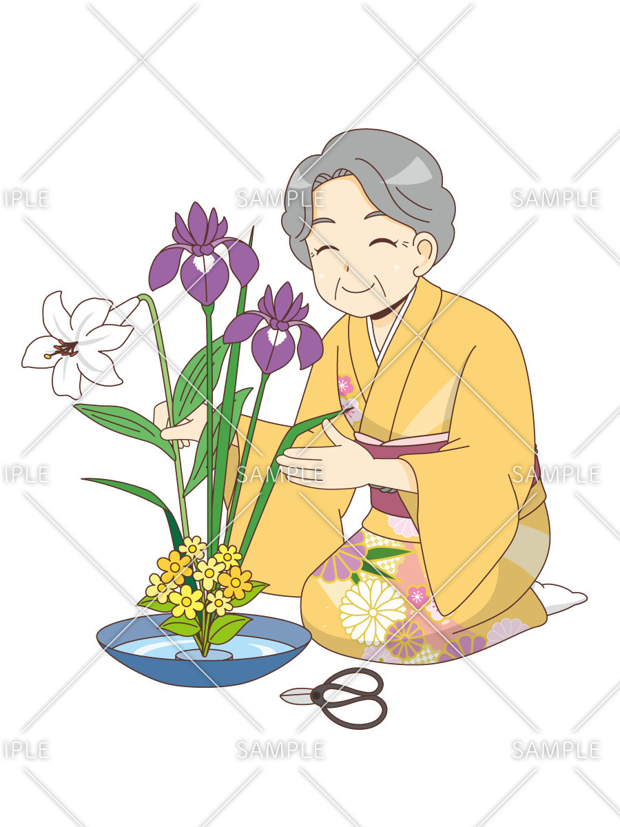 生け花を楽しむ女性高齢者（高齢者（おばあさん・おじいさん）/介護現場の人物）のイラスト