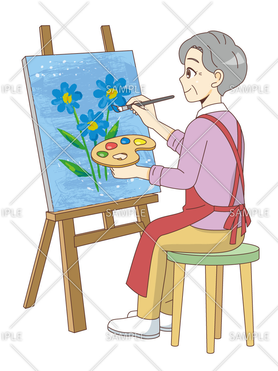 油絵を描く女性高齢者（高齢者（おばあさん・おじいさん）/介護現場の人物）のイラスト