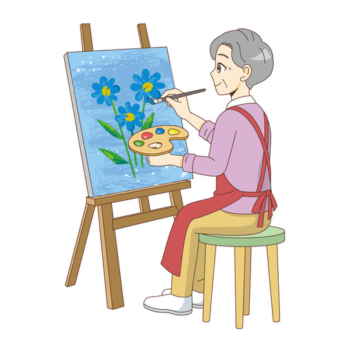 油絵を描く女性高齢者（高齢者（おばあさん・おじいさん）/介護現場の人物）のイラスト